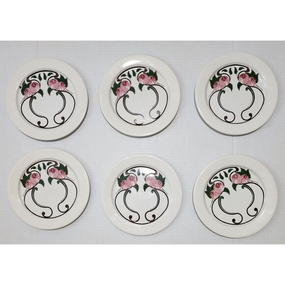 Salins France Decor Inalterable Retro Porcelain Set of 6 Plates Art Deco Roses - Picture 1 of 5